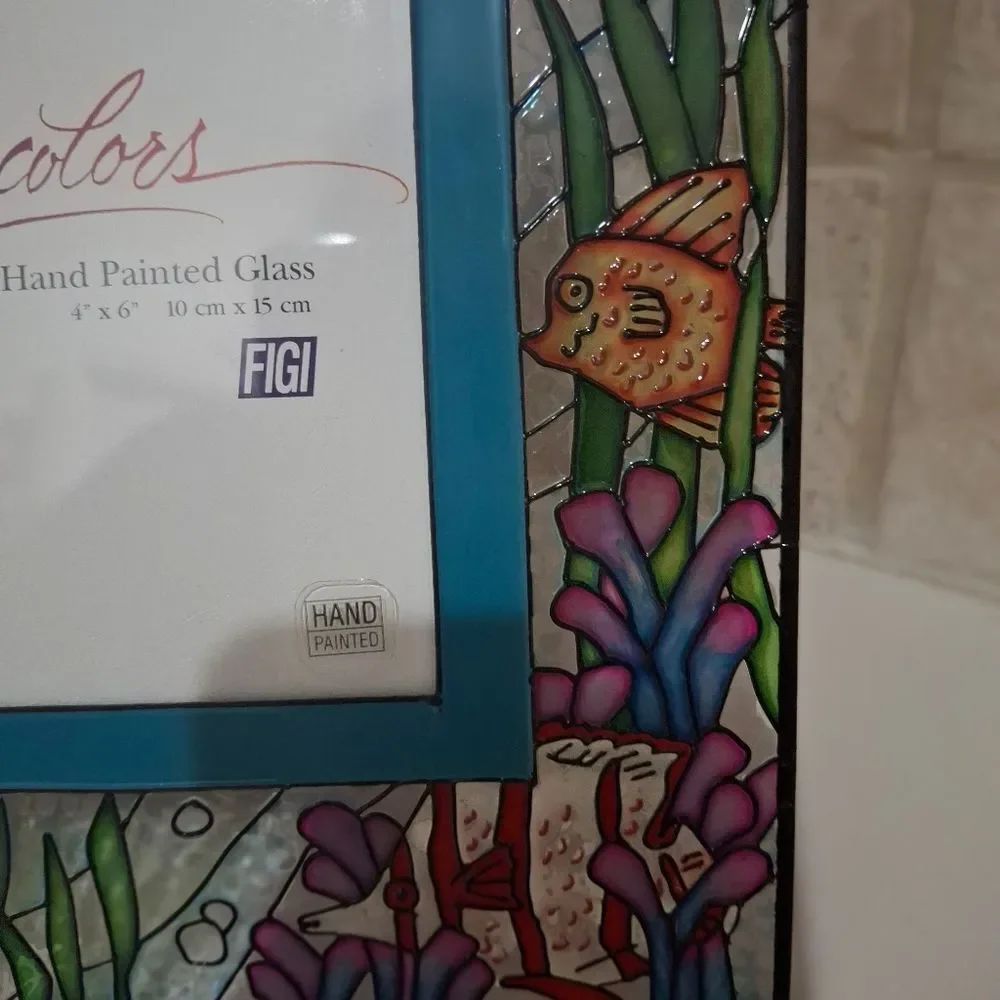Figi Vintage Picture Frame 4x6 Stained Glass Colorful Tropical Fish Sea Life Vtg